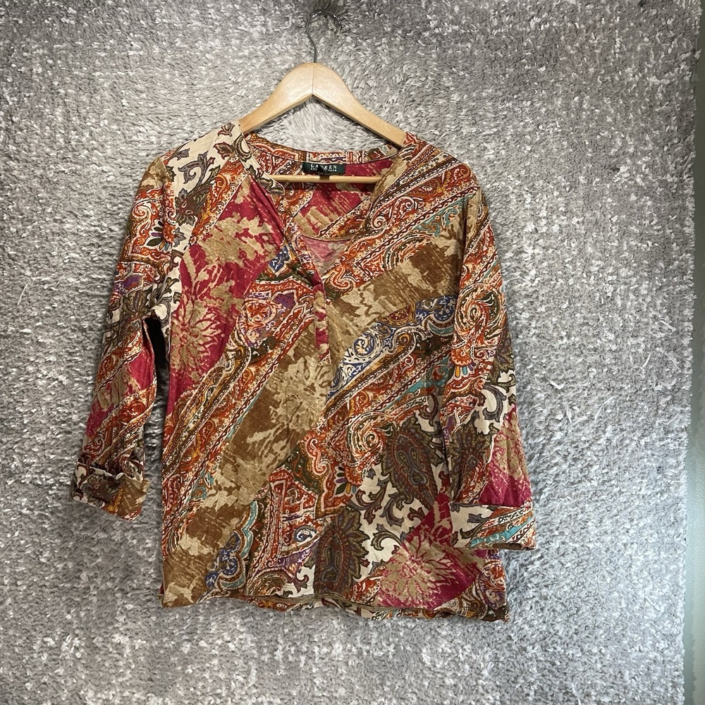 Lauren Ralph Lauren L Top 3/4 Sleeve Boho Festive Paisley Travel Cotton V-Neck